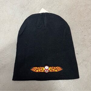 Black Beanie with embroidered Flame Skull Design y2k deadstock